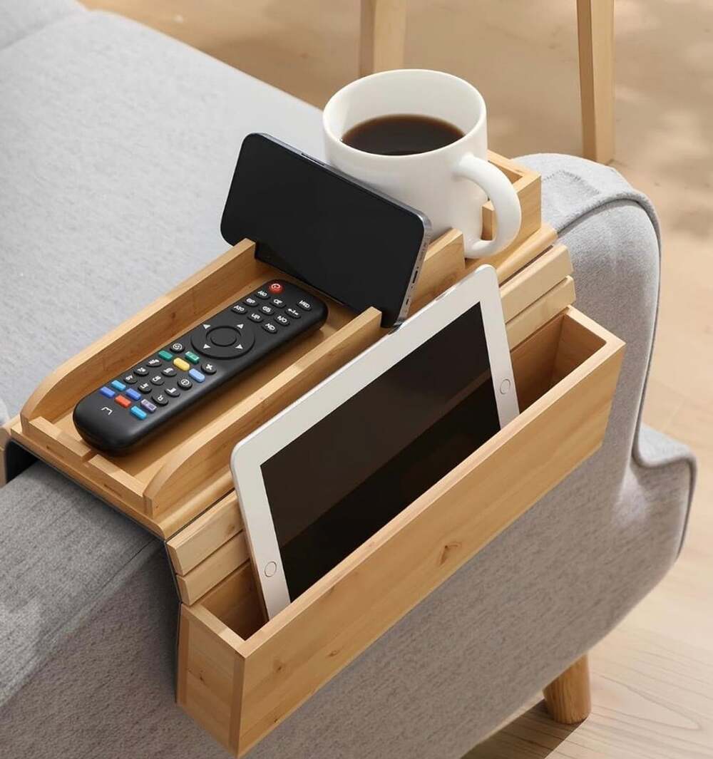 Bamboo Sofa Armrest Tray With Pocket And Cup Holder